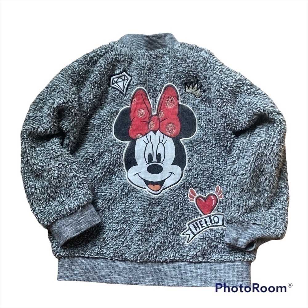 Disney Minnie Mouse Fuzzy Zip Jacket Sweatshirt 3T Gray Pink Girls Toddler